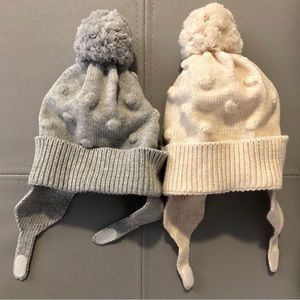 2 Cat & Jack 0-6M Bobble Hats, Gray and Cream